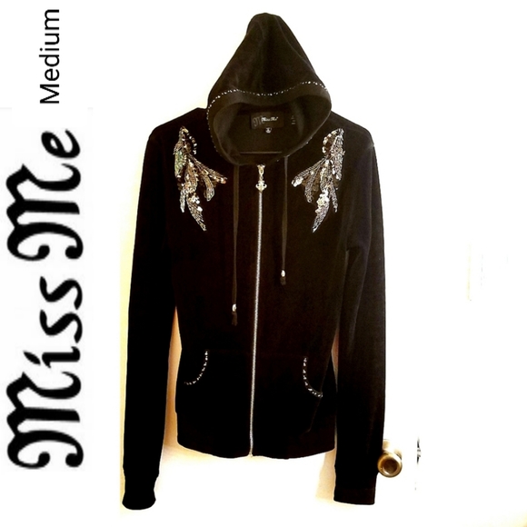 Miss Me Tops - Miss Me Hoodie | Black Velour with sequins
